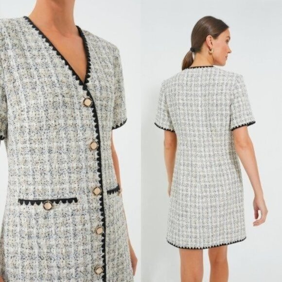 Pomander Place NEW White Tweed Retro Josephine Mini Dress in White Black Size M - Picture 2 of 14